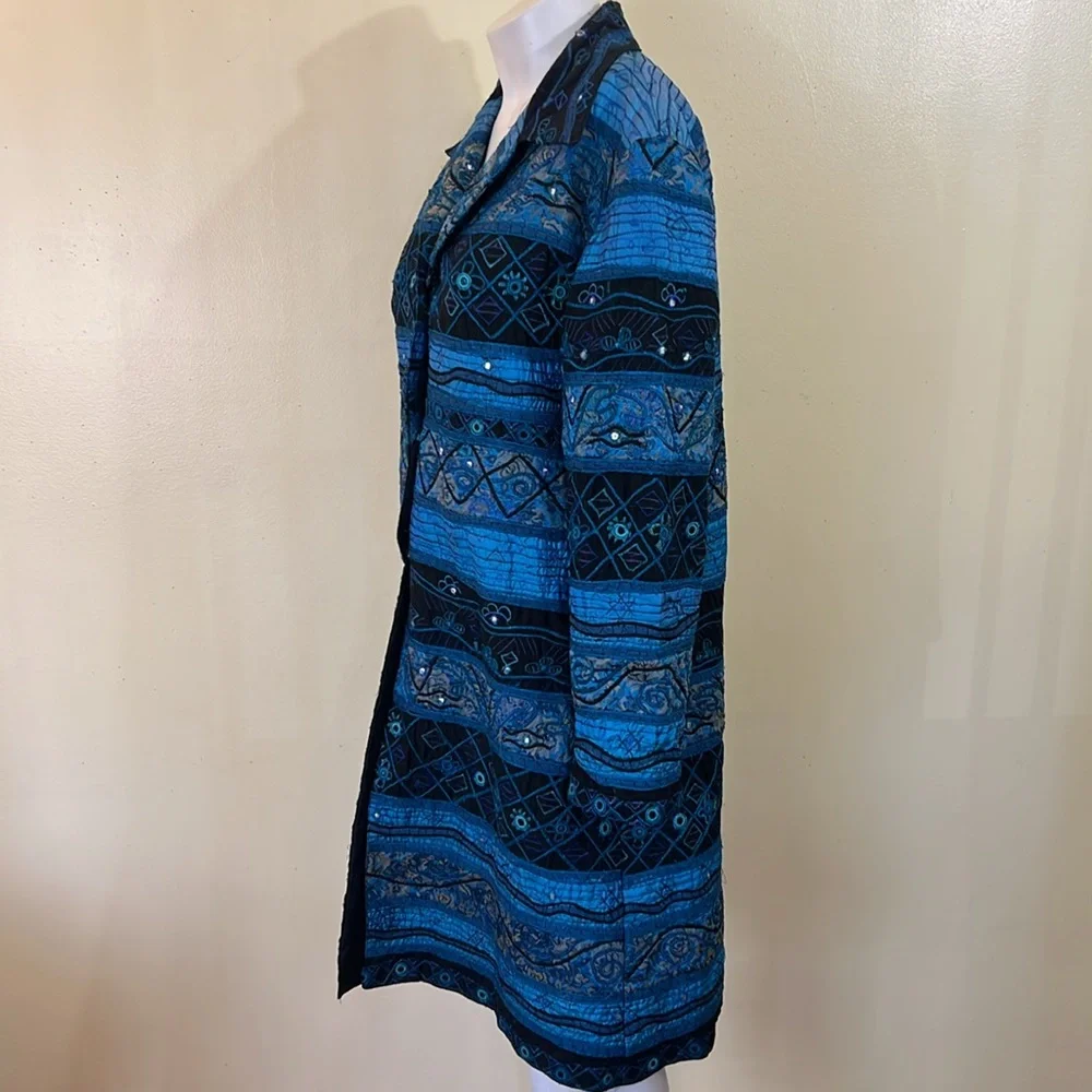 Chico's Sapphire Blue Deepwater Beaded Embroidered Brocade Cardigan Coat - Picture 3 of 9